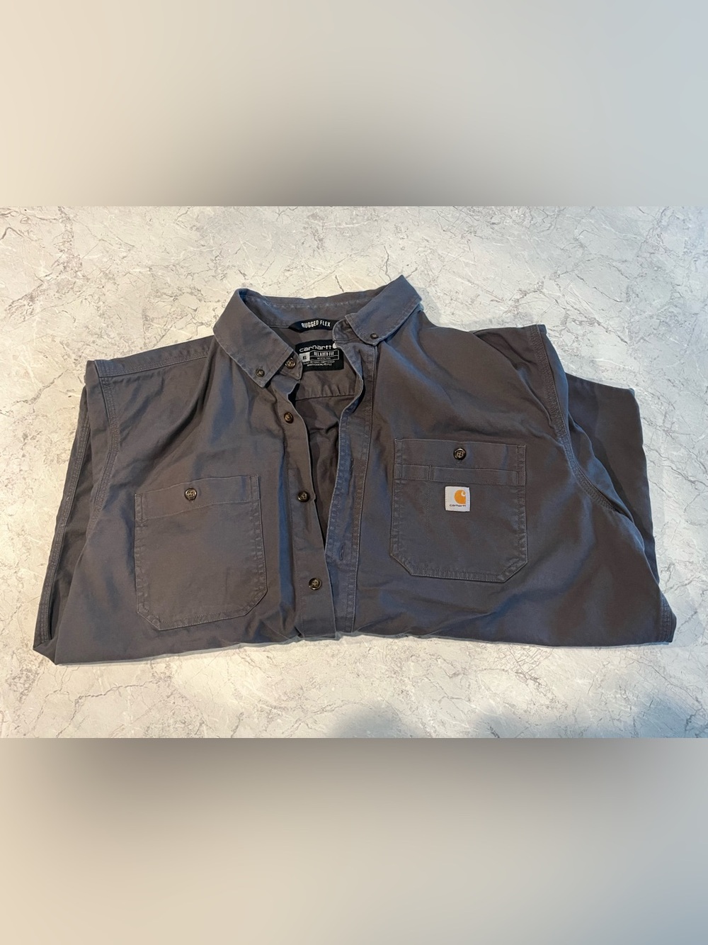 XL Carhartt Men's Rugged Flex Button-Down short sleeve t-shirt in Charcoal